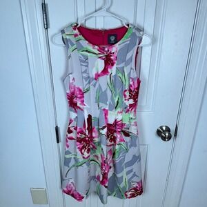 Vince Camuto Floral Print Fit and Flare Sleeveless Dress Grey Pink Size 2